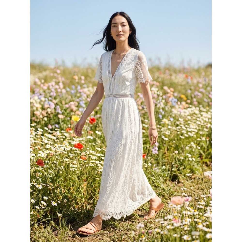 White Lace Floral V-Neck Short Sleeve Maxi Dress L Lined Zip Closure
